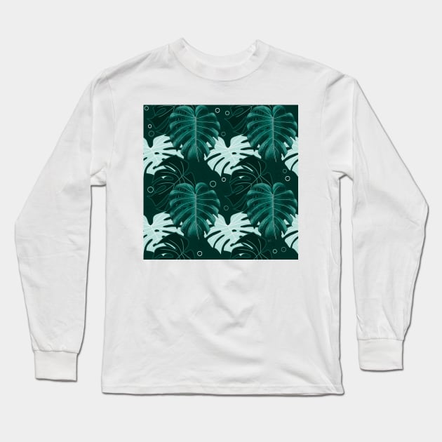 Monstera Pattern - Dark Teal Long Sleeve T-Shirt by monitdesign